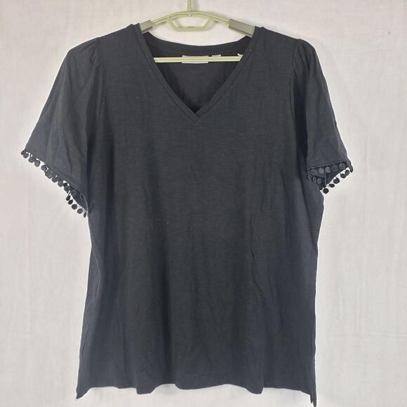 Belle By Kim Gravel Shirt Womens XL Black Slub Knit Flutter Sleeve V Neck Top - Picture 2 of 11